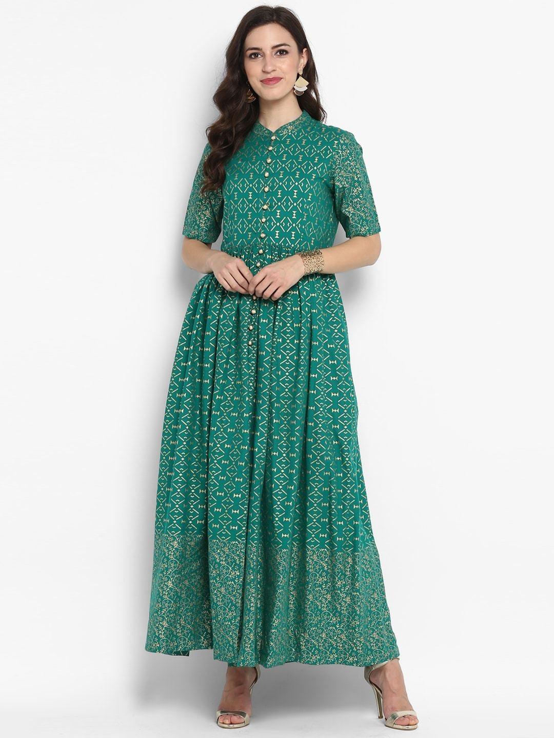 Women's Green Printed Maxi Dress - Meeranshi - Indiakreations