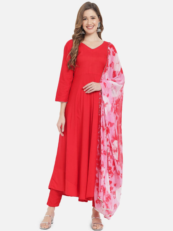 Women's Red Solid Flared Kurta set with Dupatta - Meeranshi - Indiakreations