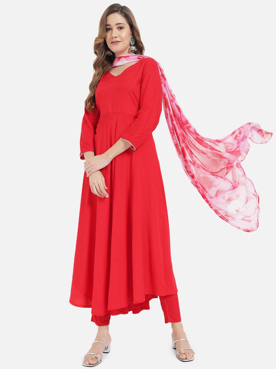 Women's Red Solid Flared Kurta set with Dupatta - Meeranshi - Indiakreations