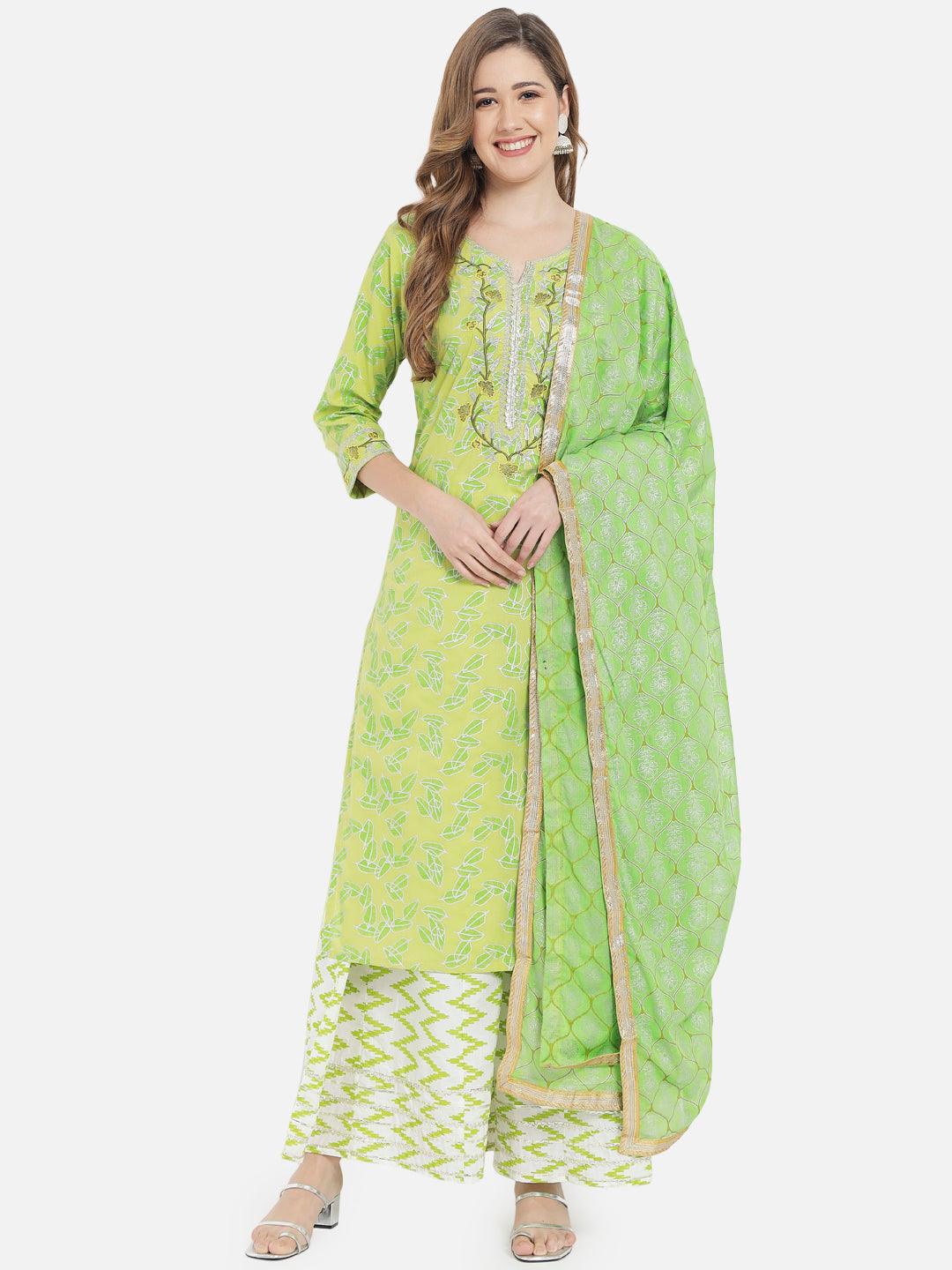 Women's Green Printed Straight Kurta set - Meeranshi - Indiakreations