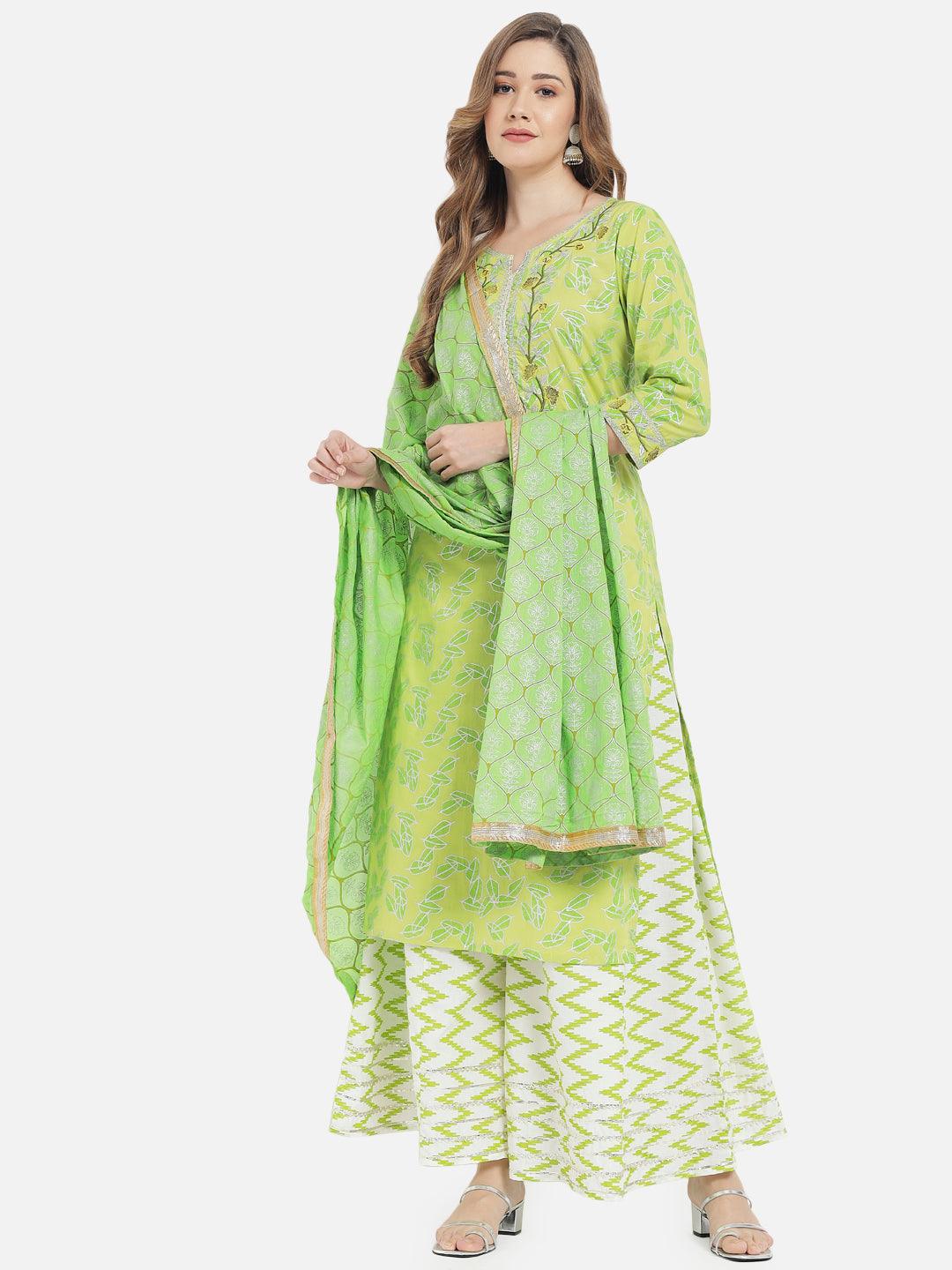 Women's Green Printed Straight Kurta set - Meeranshi - Indiakreations