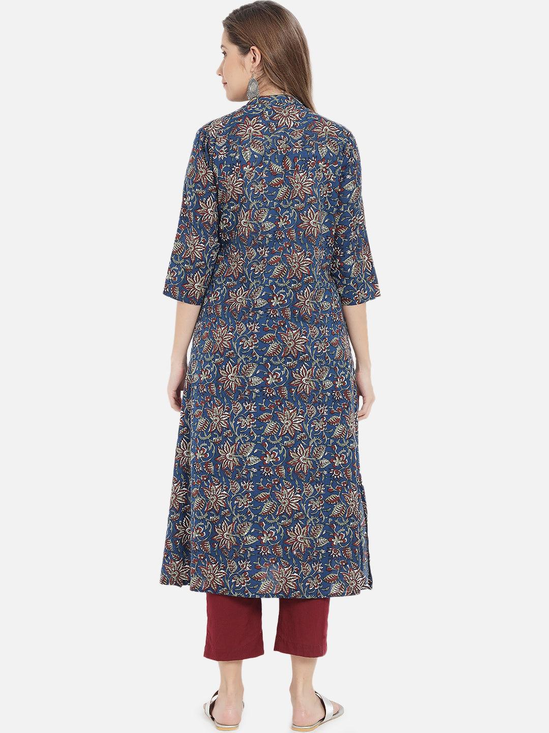 Women's Blue & Maroon Floral Printed Cotton Kurta - Meeranshi - Indiakreations