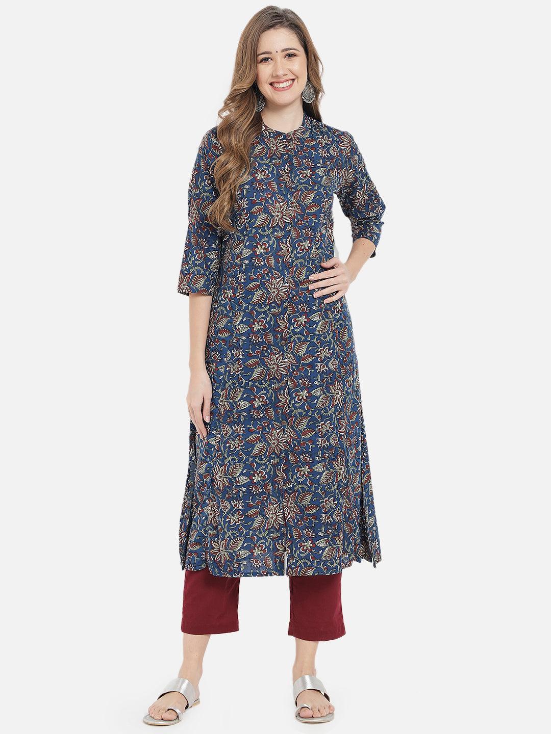 Women's Blue & Maroon Floral Printed Cotton Kurta - Meeranshi - Indiakreations