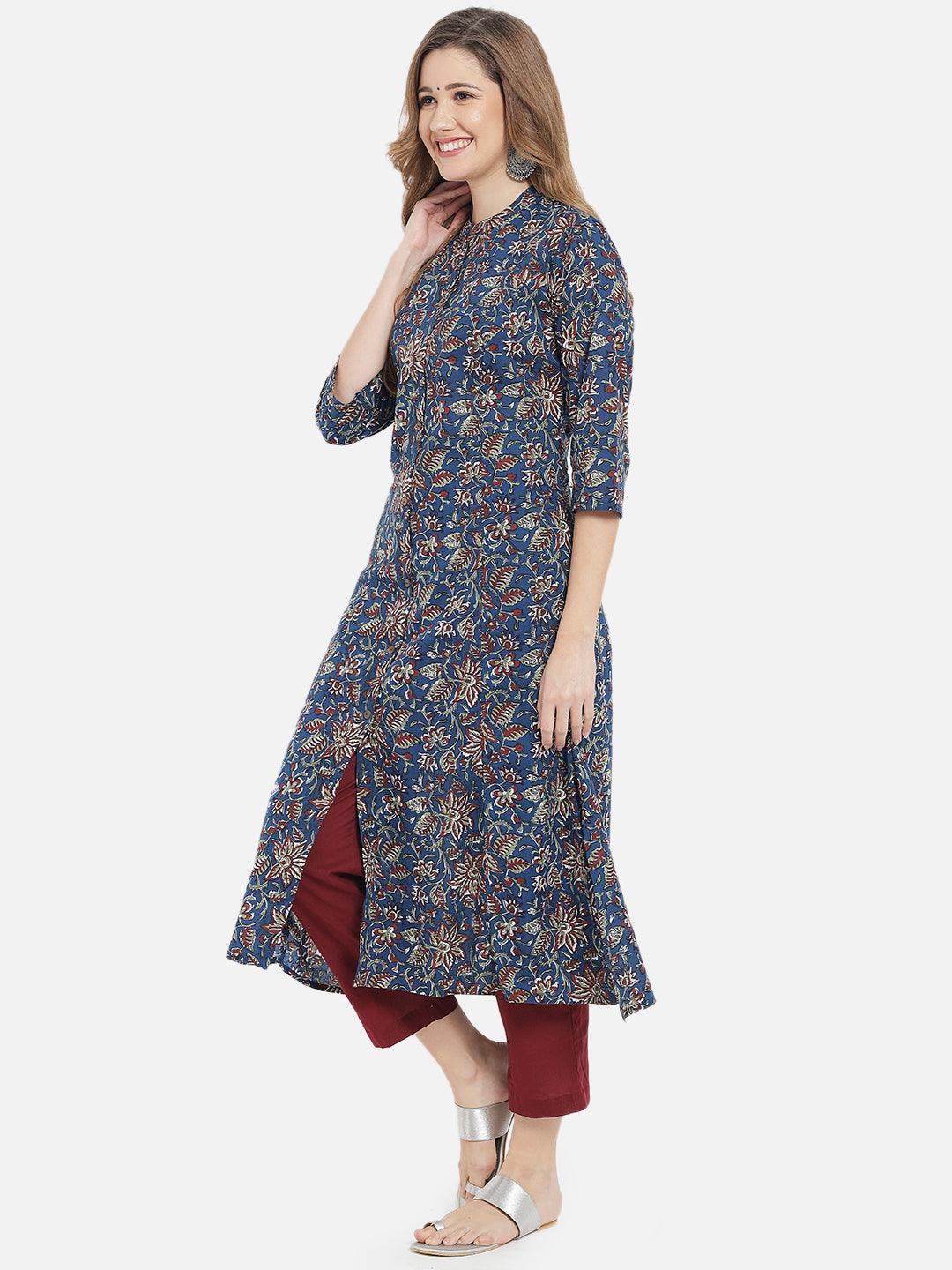 Women's Blue & Maroon Floral Printed Cotton Kurta - Meeranshi - Indiakreations