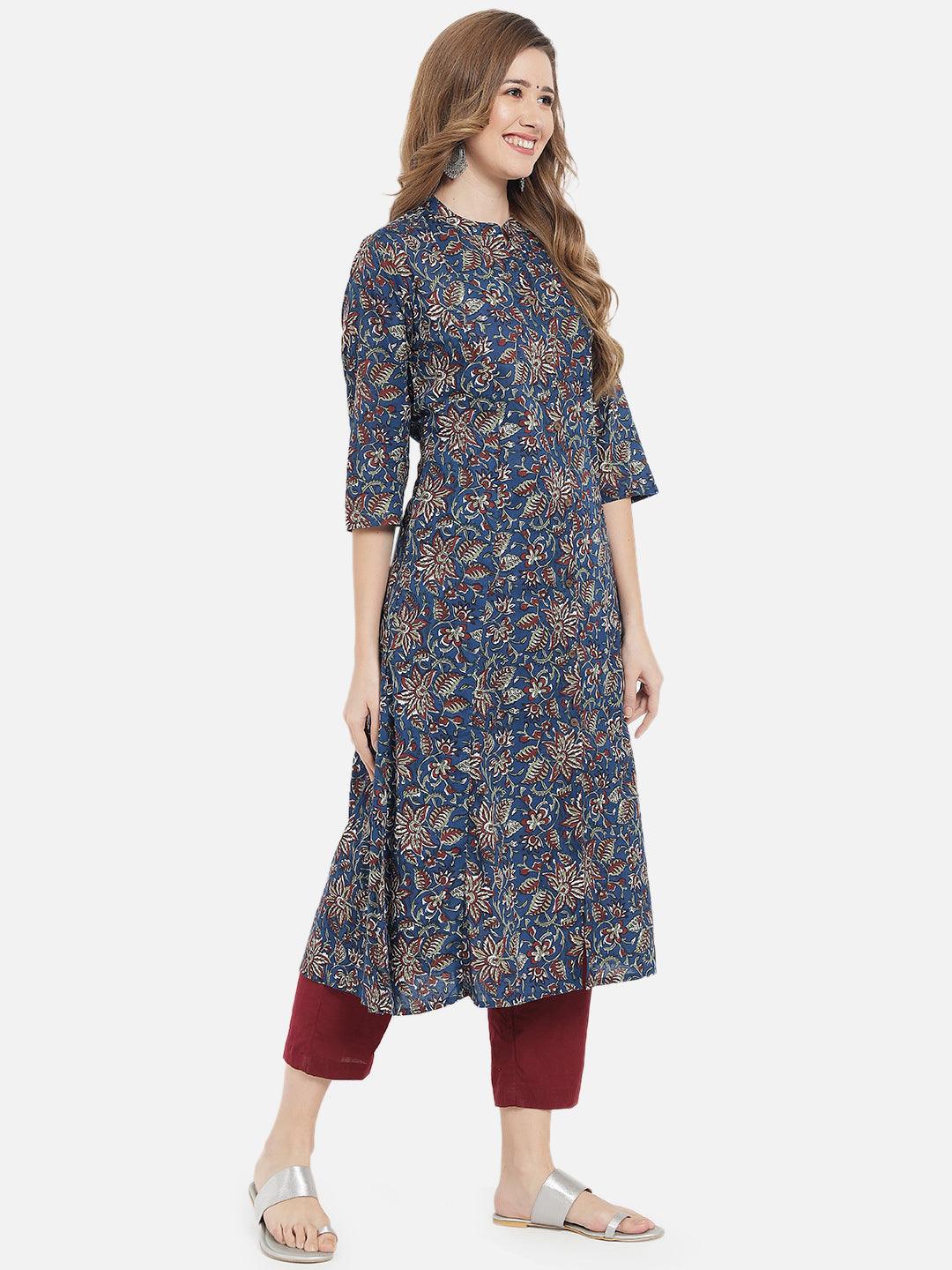 Women's Blue & Maroon Floral Printed Cotton Kurta - Meeranshi - Indiakreations