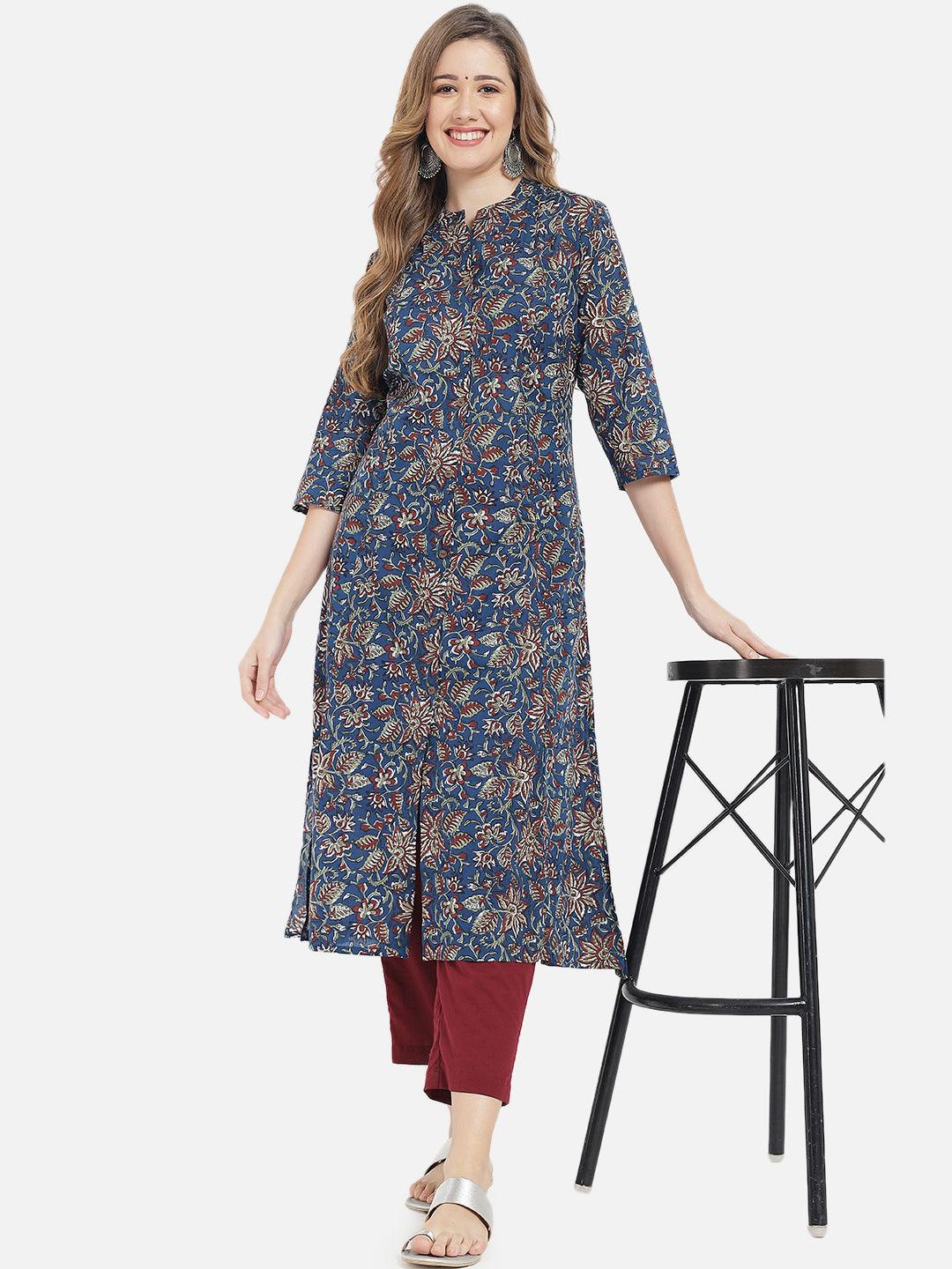 Women's Blue & Maroon Floral Printed Cotton Kurta - Meeranshi - Indiakreations