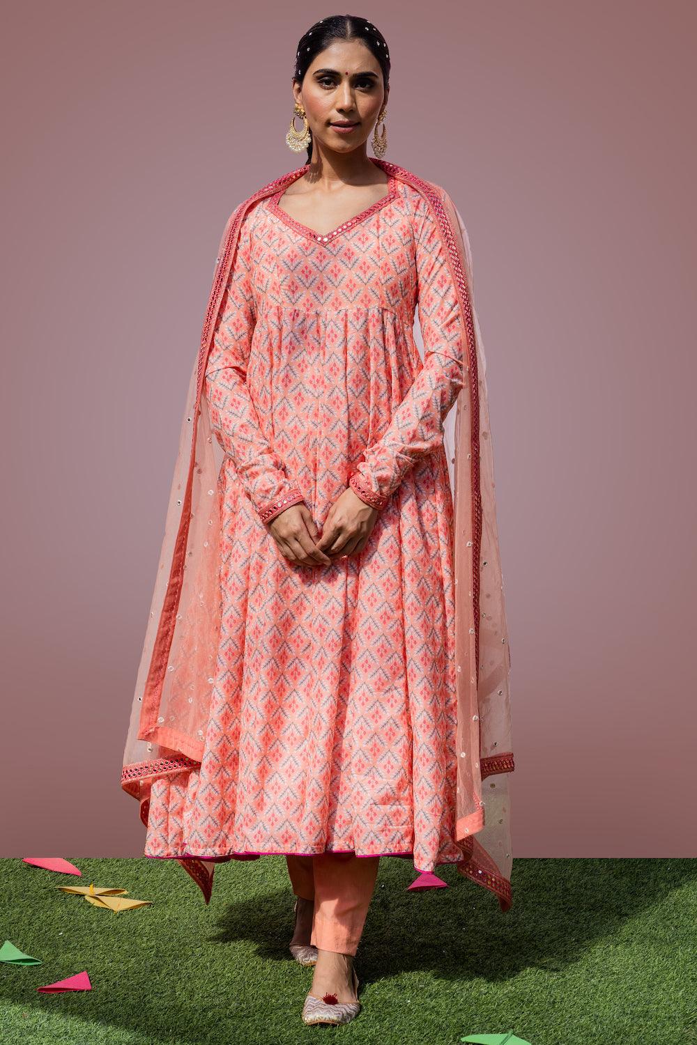 Mehfil Peach Anarkali Set - Indiakreations