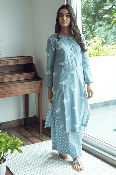 Serenity White bird print kurta palazzo set- Blue - Indiakreations