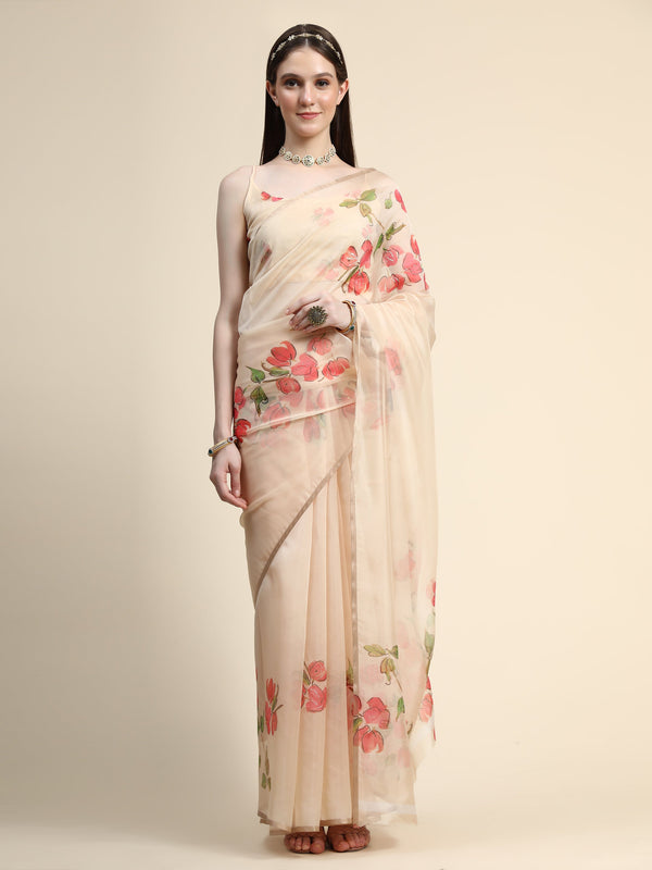 Women's CREAM Color Floral Printed Saree - AVANSHEE