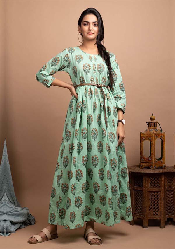 Green Booti Print Ethnic Gown - Indiakreations