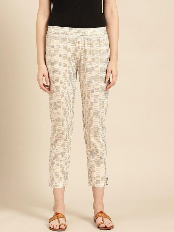 Off White & Gold-Toned Printed Regular Trousers - Indiakreations