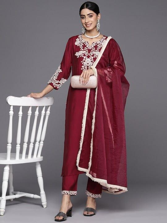 Varanga Women Embroidered Thread Work Kurta With Trousers & Dupatta - Indiakreations