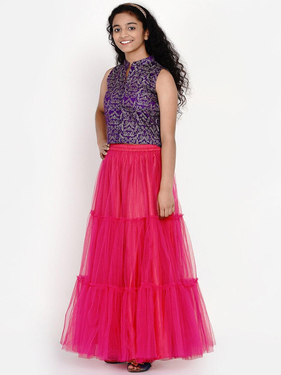 Girl's Purple & Pink Block Print Ready to Wear Lehenga Choli - NOZ2TOZ KIDS - Indiakreations