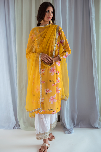 Amaltas Yellow floral printed kurta with white salwar and Yellow dupatta- set of 3