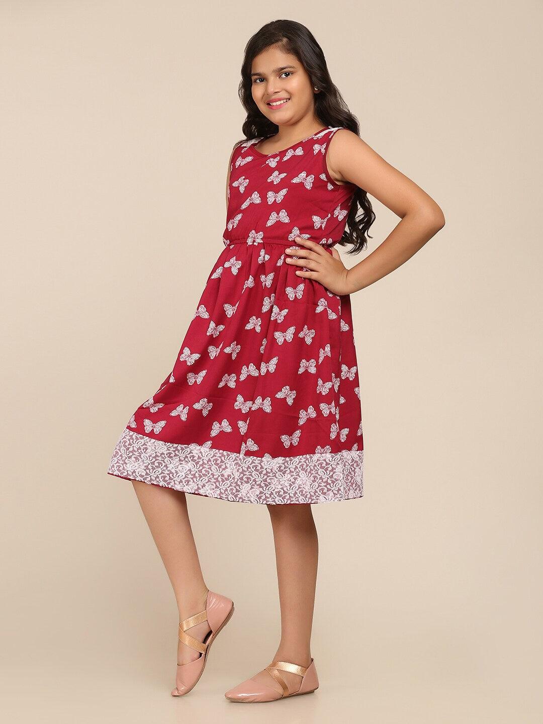 Girl's Maroon & White Floral Dress - NOZ2TOZ KIDS - Indiakreations