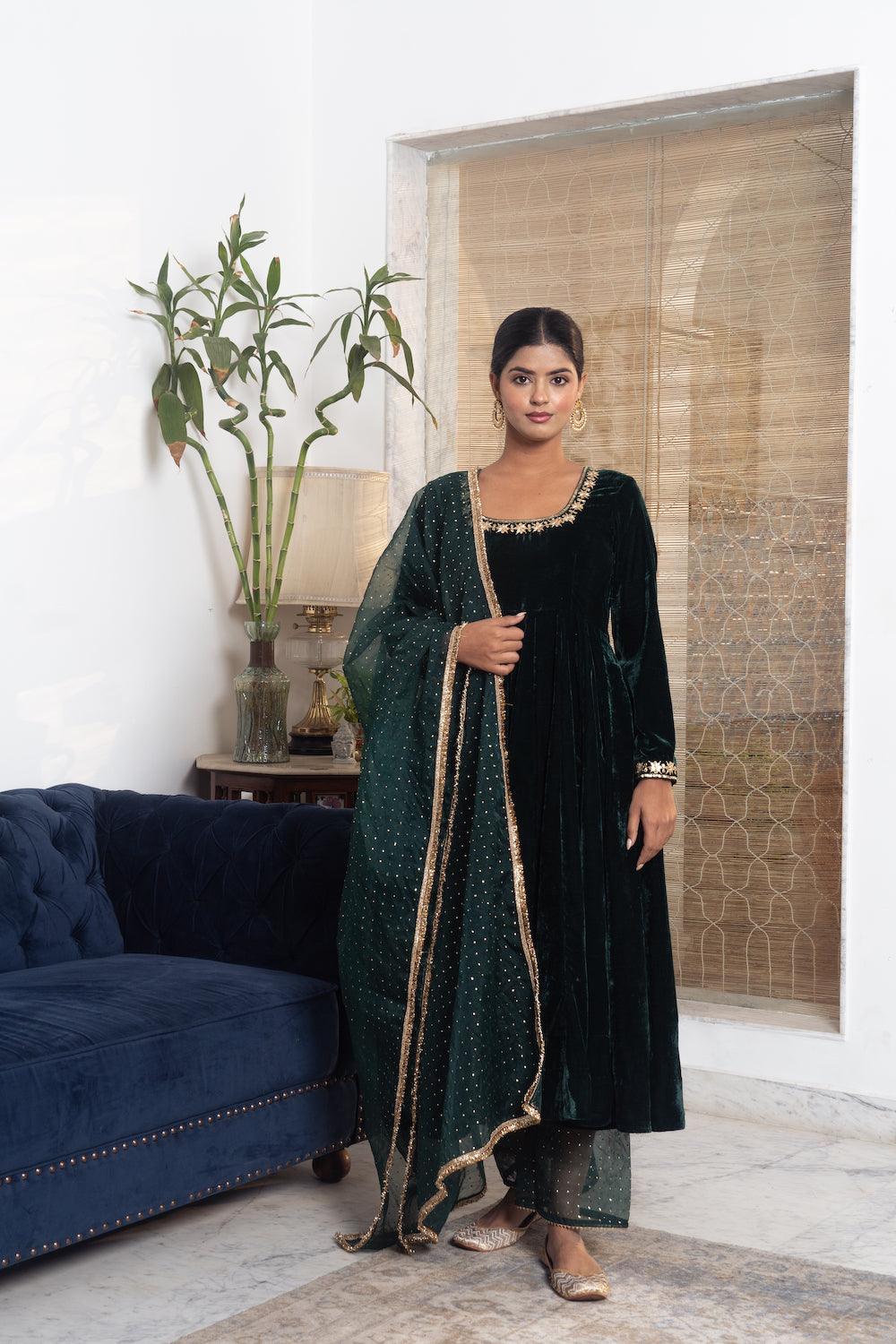 Khwabidah Bottle Green Anarkali Set of 3 - Indiakreations