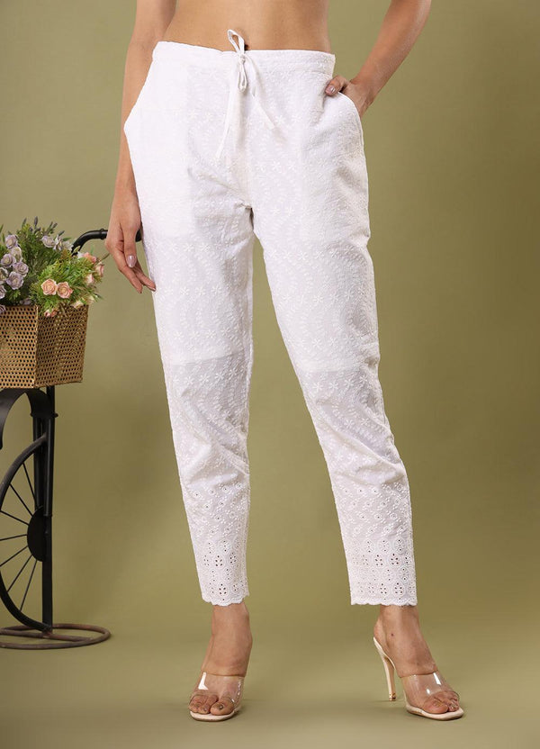 White Schiffli Embroidered Trousers - Indiakreations