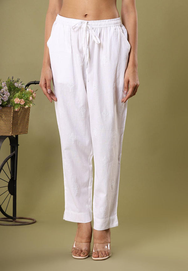 White Flower Embroidered Trousers - Indiakreations