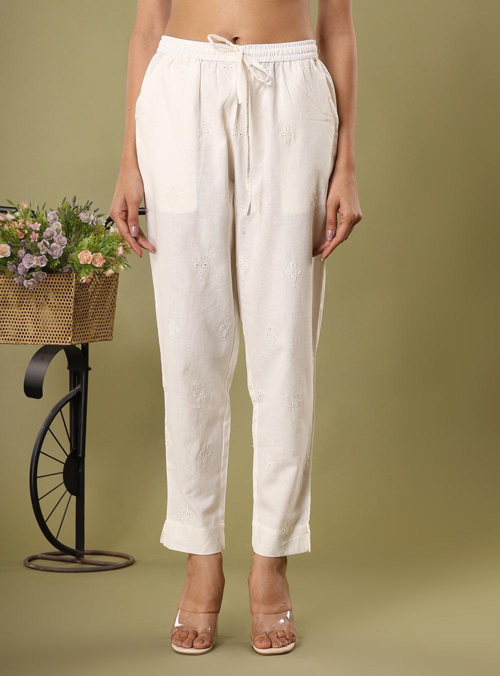 Ivory Flower Embroidered Trousers - Indiakreations