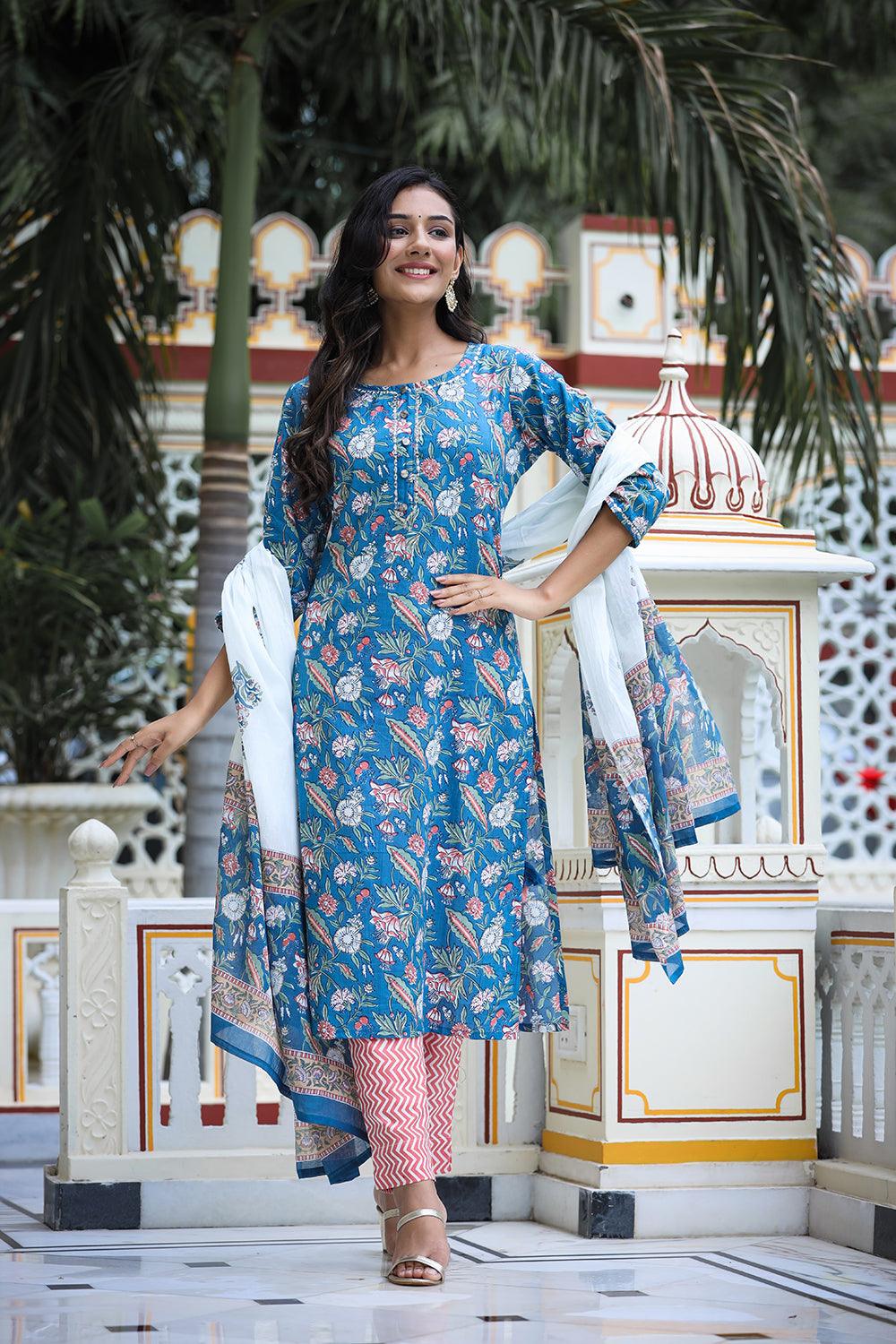 Blue Floral Printed Cotton Suit Set - Indiakreations