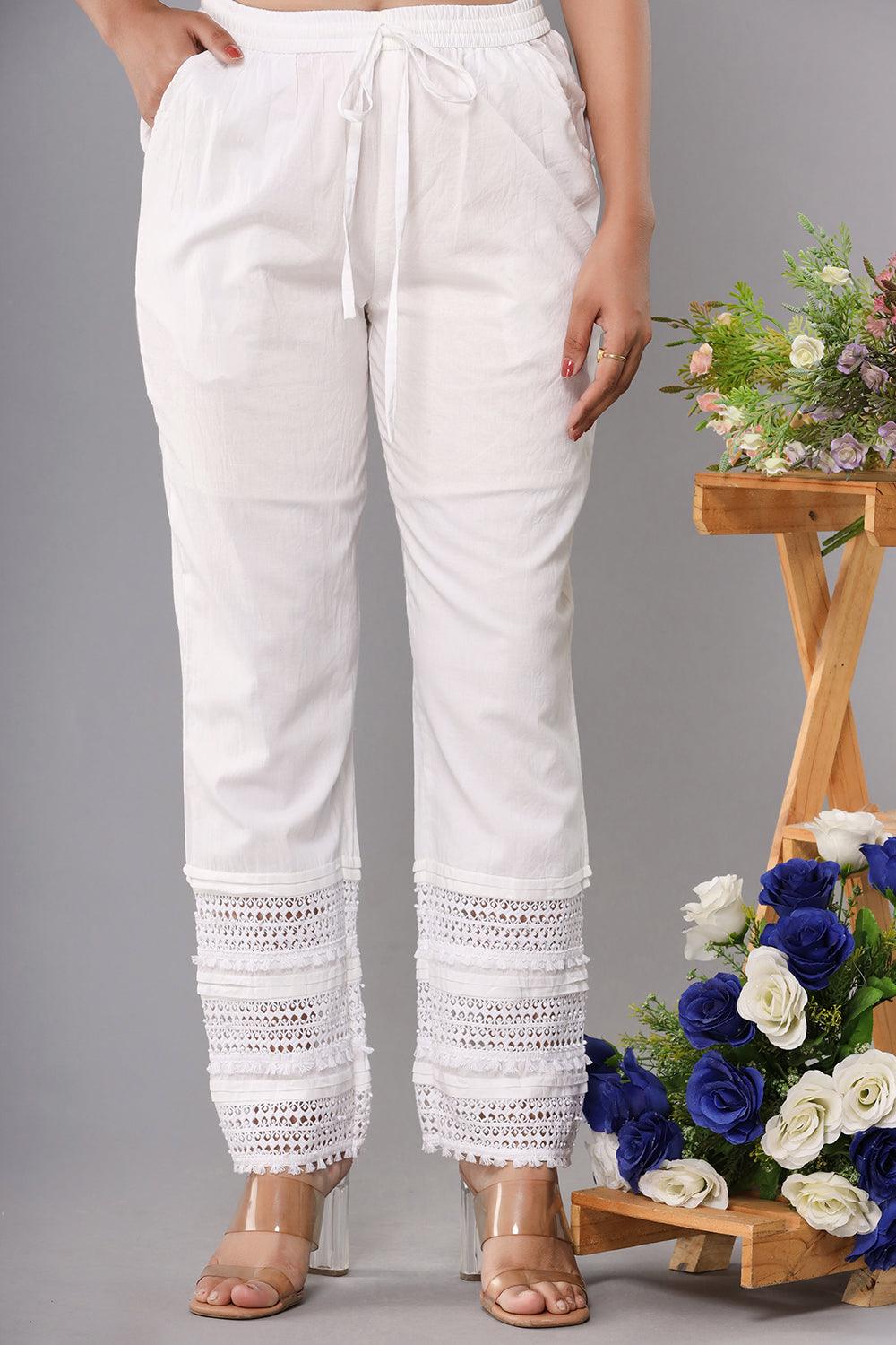 Premium White Cotton Laced Pant - Indiakreations