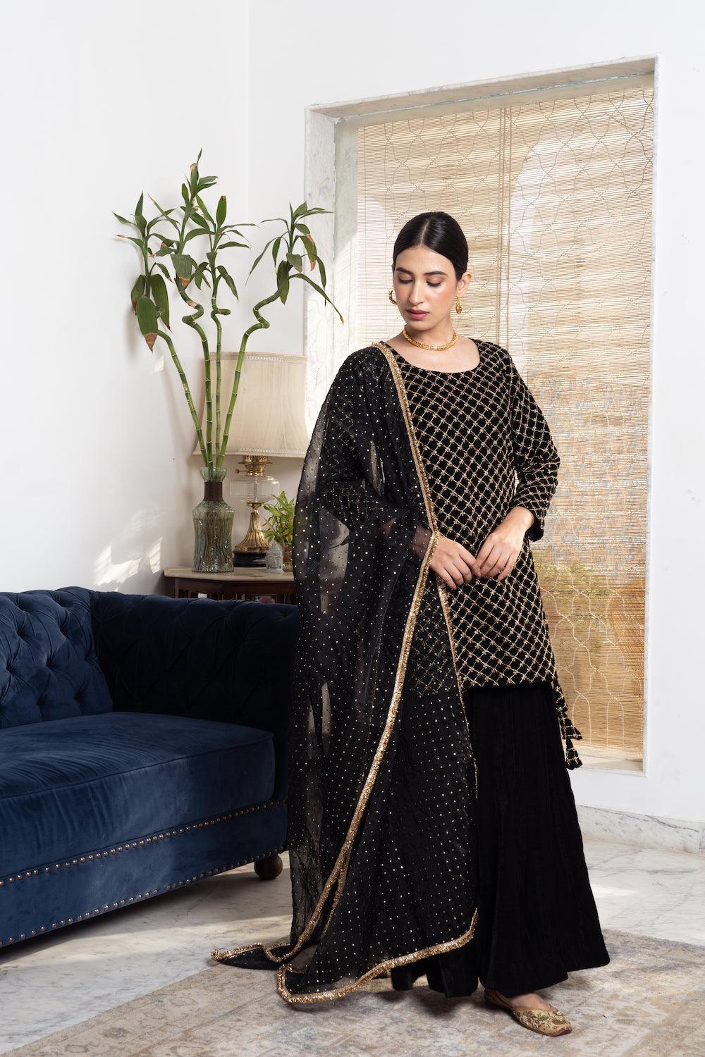 Khwabidah Black Sharara Set of 3 - Indiakreations