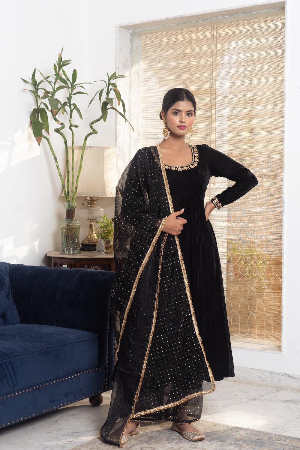 Khwabidah Black Anarkali Set of 3 - Indiakreations