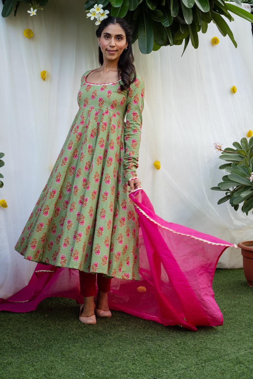 Mehfil Pista Green Anarkali Set - Indiakreations