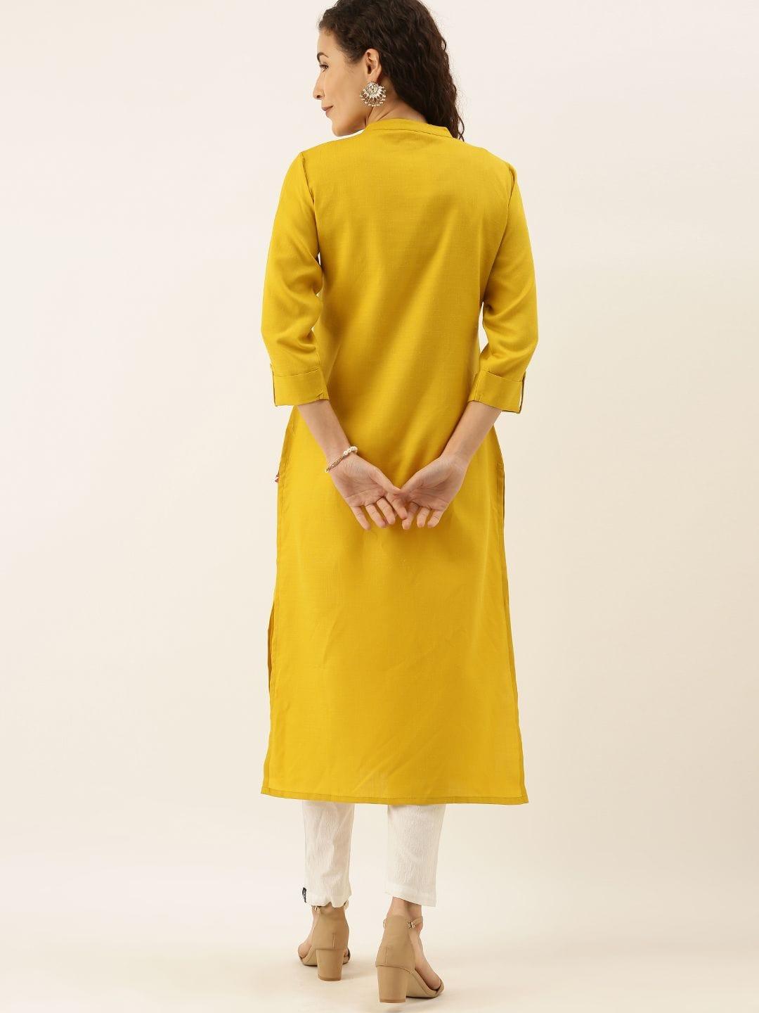 Women Mustard Yellow & White Yoke Design Straight Kurta - Indiakreations