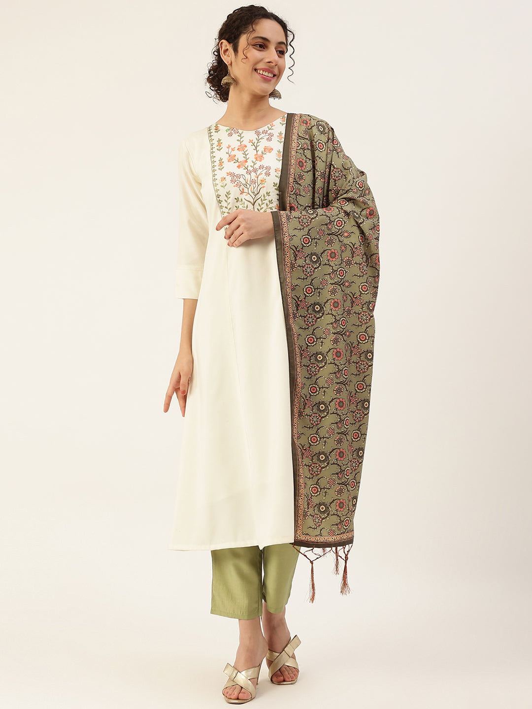 Women's White Color Cotton Blend Embroidered A-Line Kurta Trouser With Dupatta - Vaaba