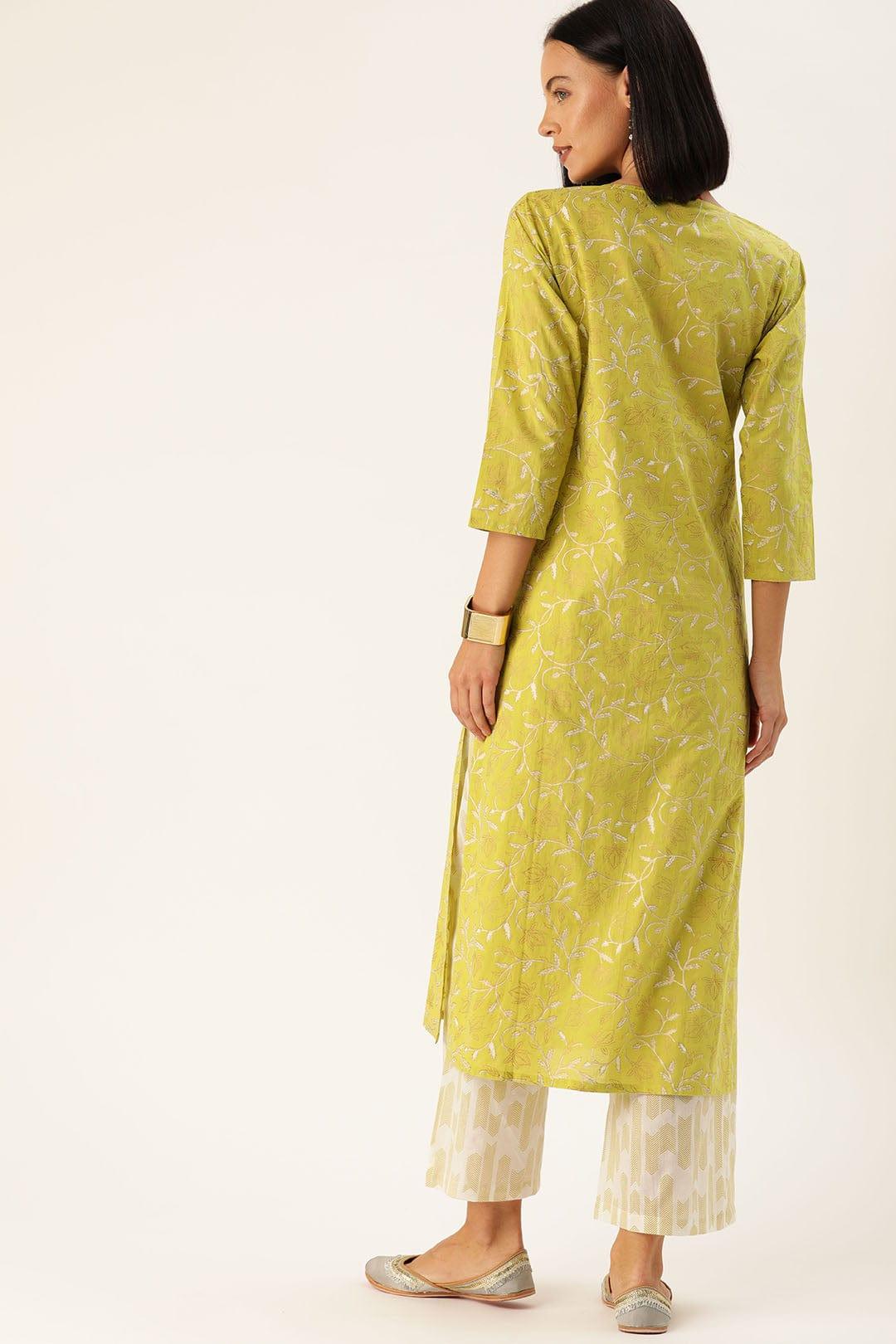 Women Lime Green & White Printed Kurta With Palazzos - Indiakreations