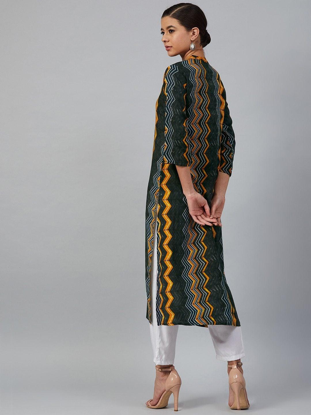 Women's Charcoal Grey & Mustard Yellow Printed Straight Kurta - Meeranshi - Indiakreations