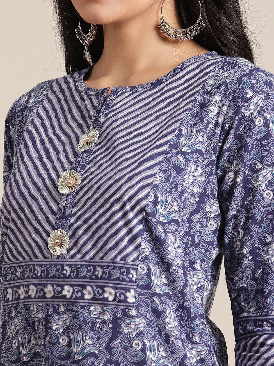 Blue Ethnic Motifs Printed Gotta Patti Kurta with Palazzos - Indiakreations