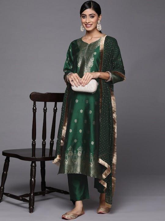 Varanga Women Green Kurta with Trousers & With Dupatta - Indiakreations