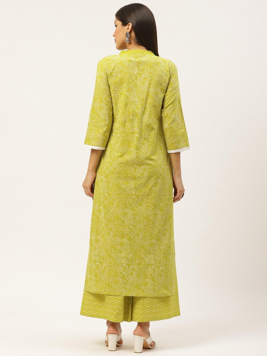 Women's Lime Green & White Block Print Kurta With Palazzo - Wahe-Noor - Indiakreations