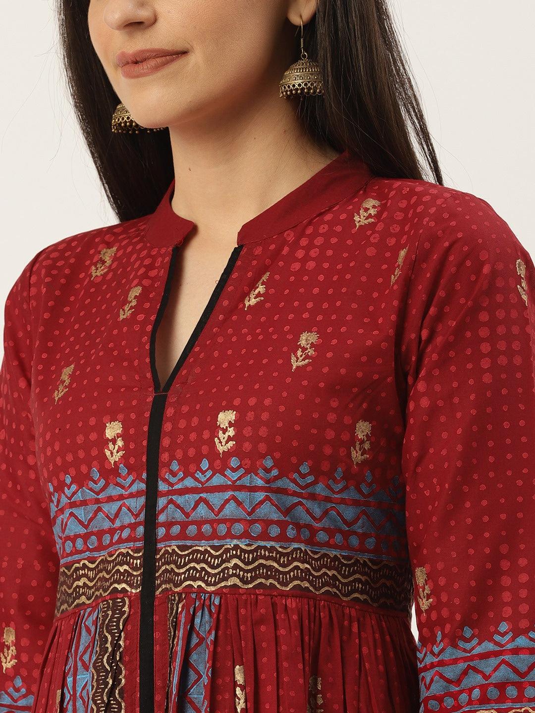 Women's Maroon & Golden Block Printed High Slit A-Line Kurta - Noz2Toz - Indiakreations