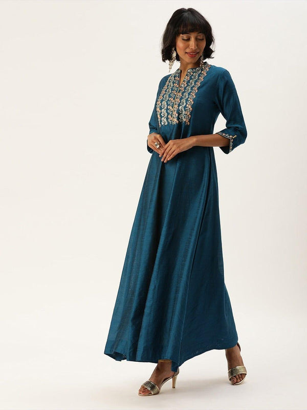 Teal Blue Embroidered A-Line Kurta - Indiakreations