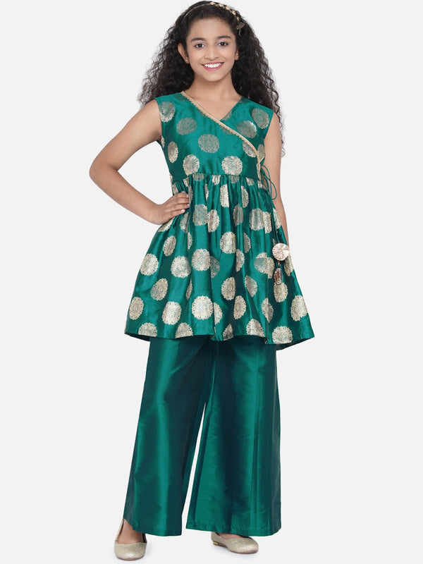 Girl's Green Ethnic Motifs Printed Angrakha Kurti with Palazzos - NOZ2TOZ KIDS