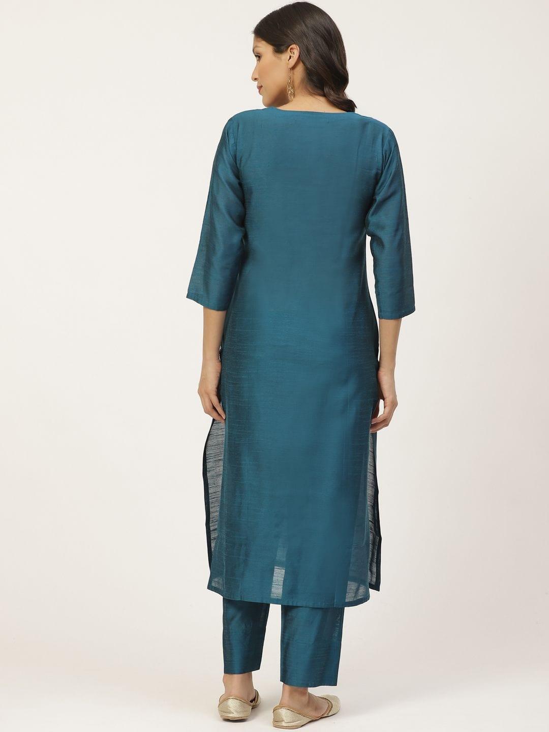 Women Teal Blue Zari Yoke Design Kurta With Trousers - Indiakreations