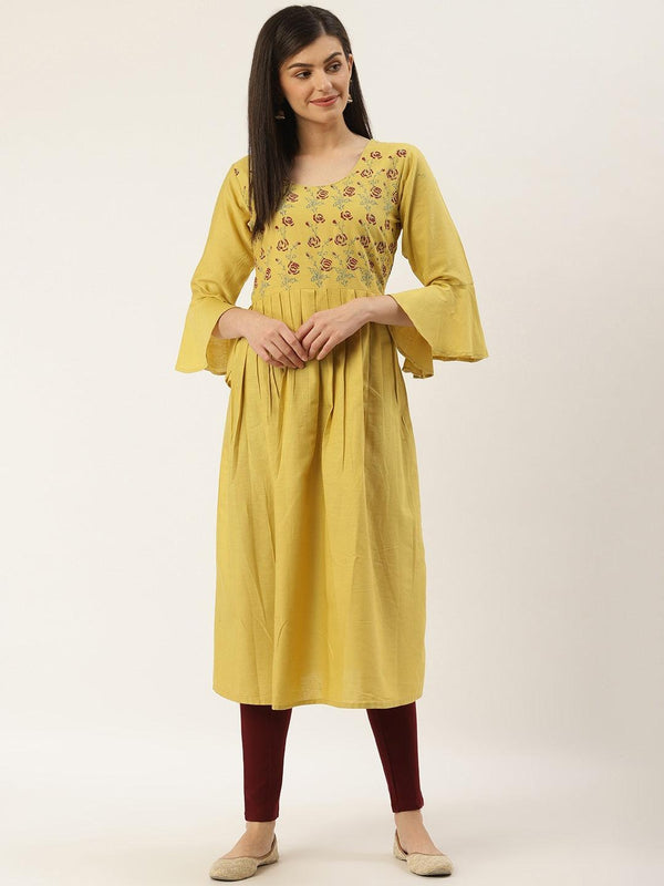 Women's Green & Maroon Floral Printed A-Line Kurta - Noz2Toz - Indiakreations