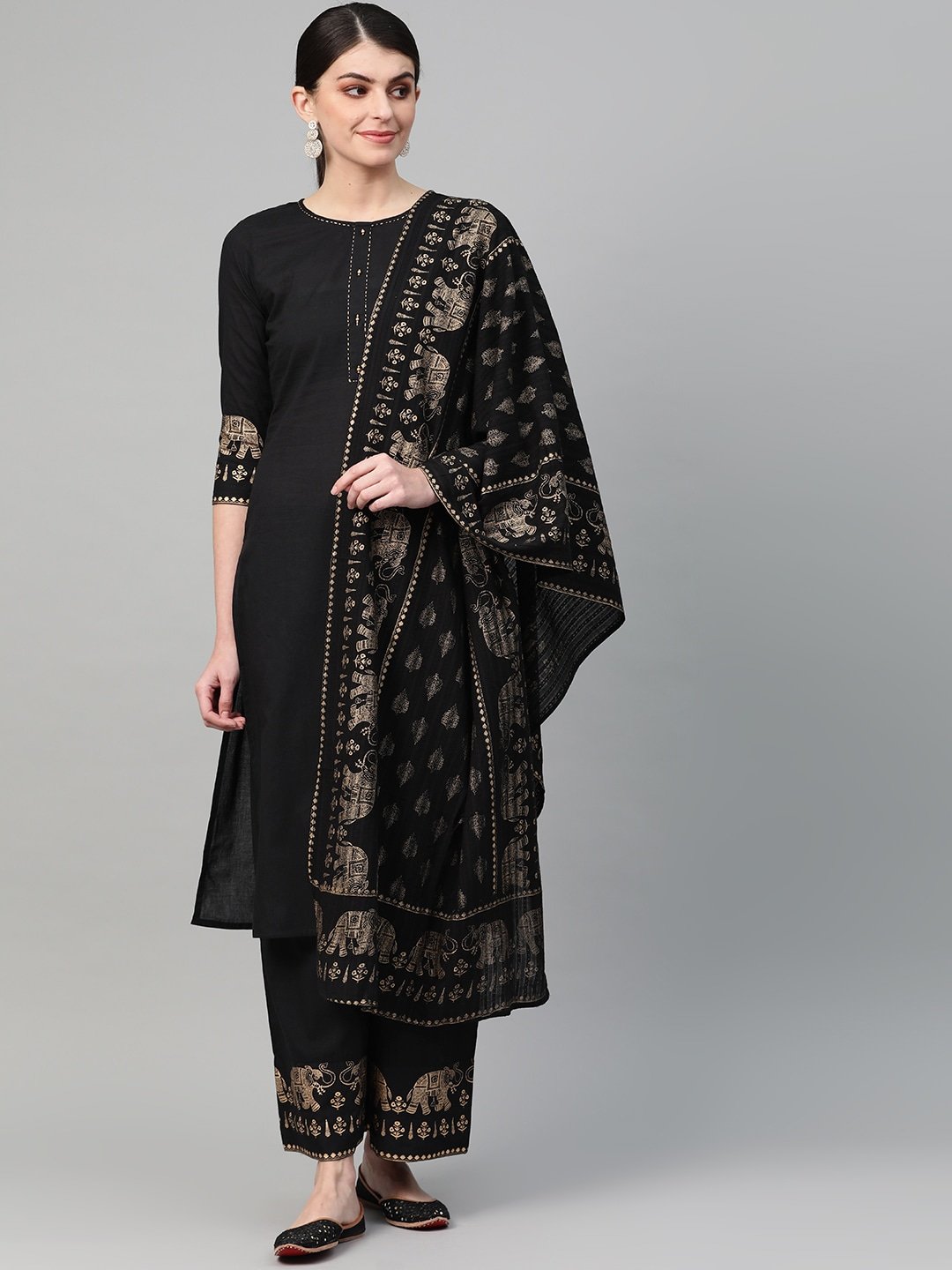 Women's Black & Golden Solid Dupatta Set - Yufta