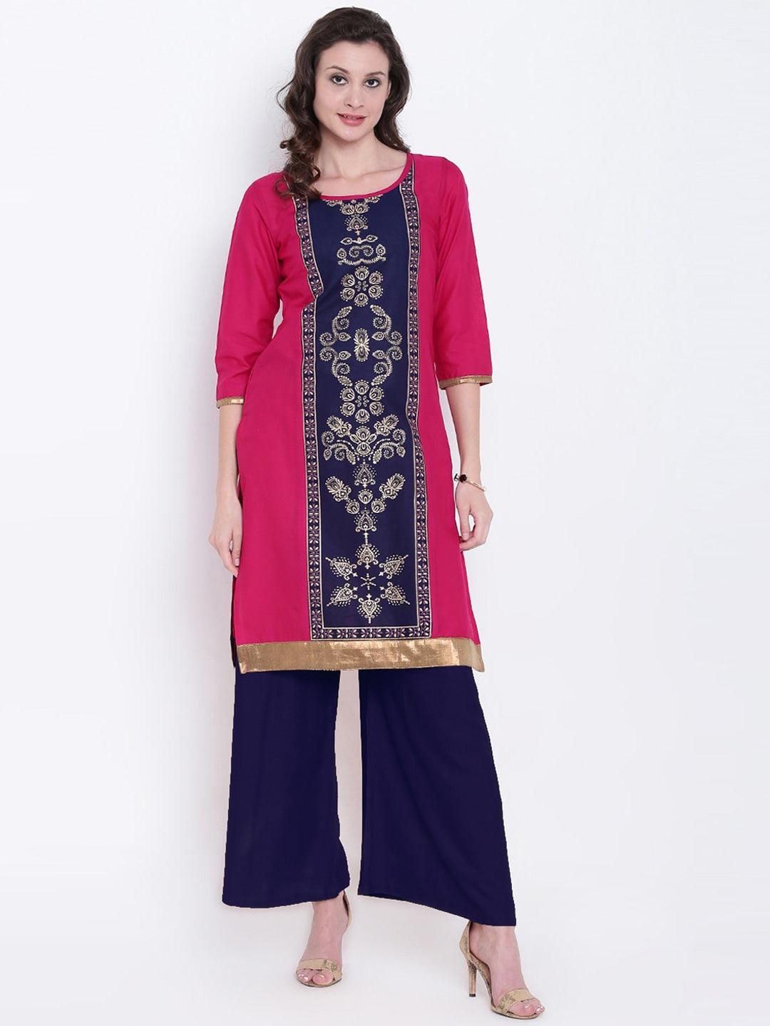 Women's Pink & Blur Ethnic Motifs Printed Panelled Straight Kurta - NOZ2TOZ - Indiakreations