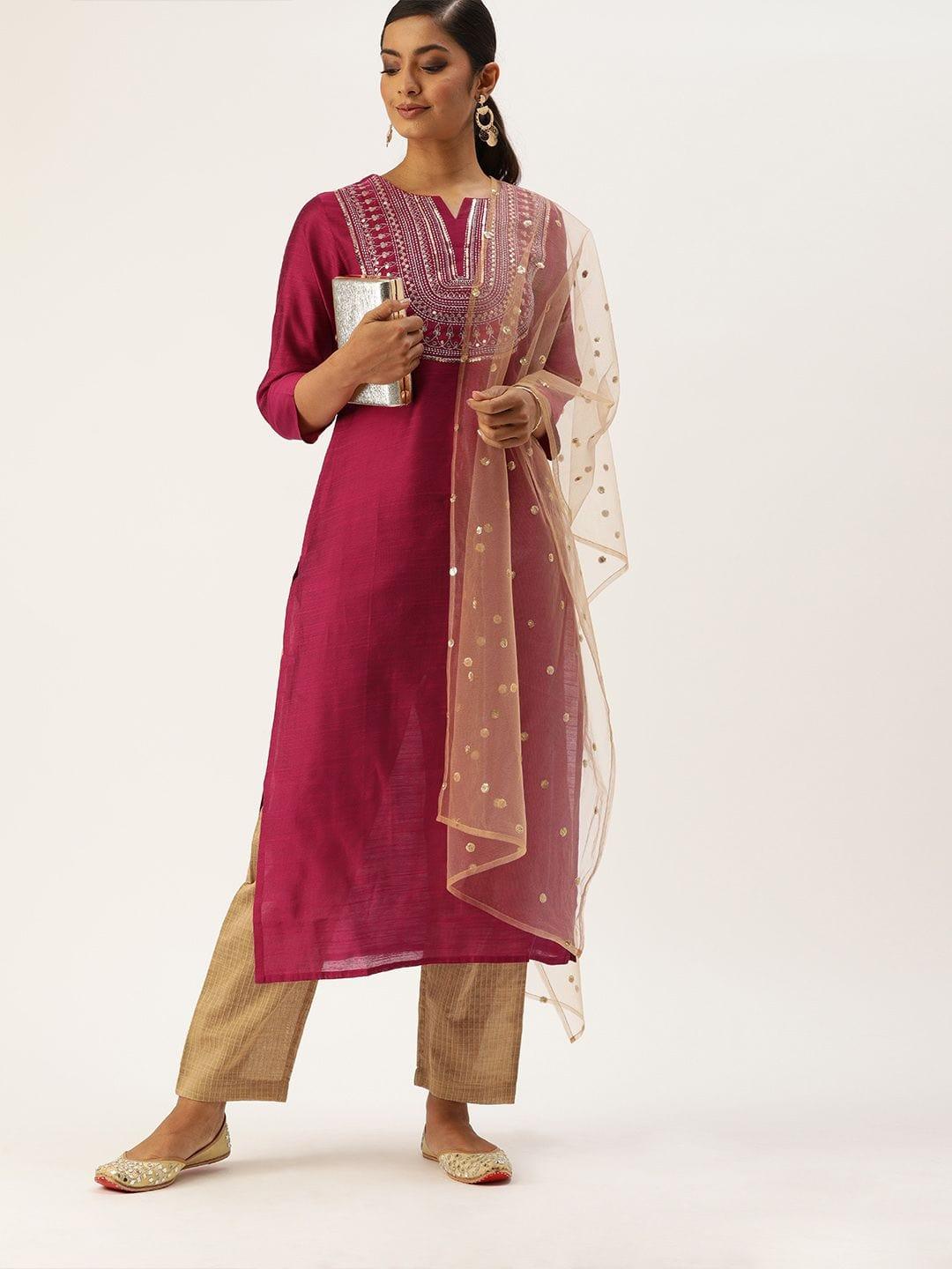 Magenta Pink & Beige Sequined Yoke Design Kurta With Trousers & Dupatta - Indiakreations