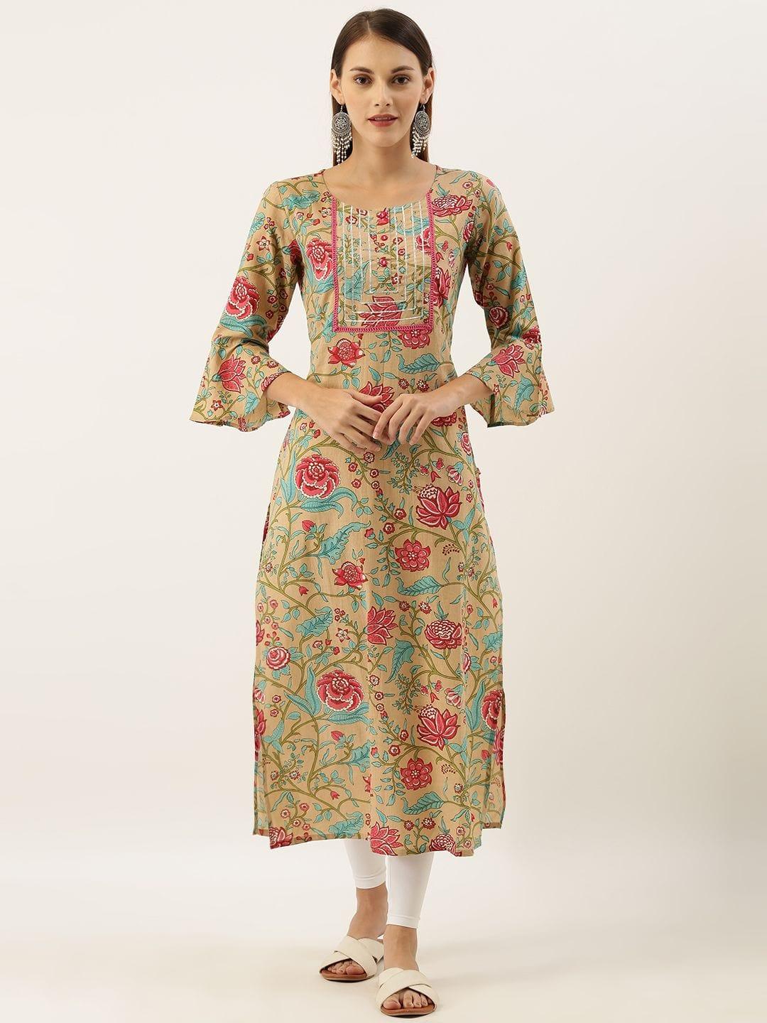 Beige & Pink Floral Printed Straight Kurta With Gotta Patti & Lace Detailing - Indiakreations