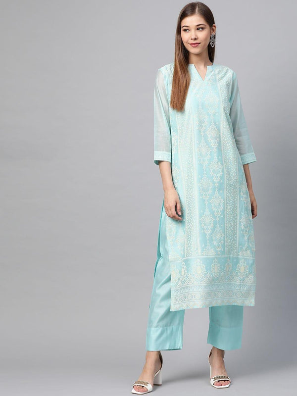 Women Blue & White Printed Kurta With Trousers - Indiakreations