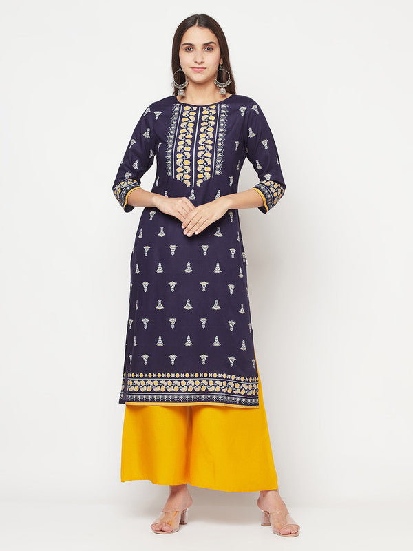 Women's Rayon Screen print straight kurta,Navy Blue-Aniyah