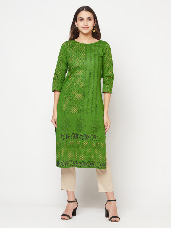 Women's Cotton Block print straight kurta,Green-Aniyah