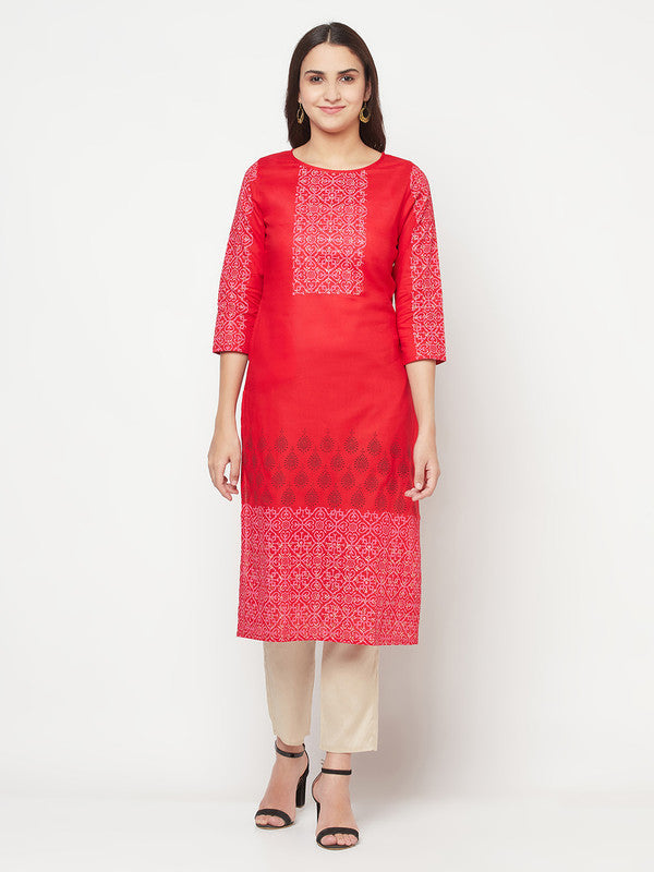 Women's Cotton Block print straight kurta,Red-Aniyah