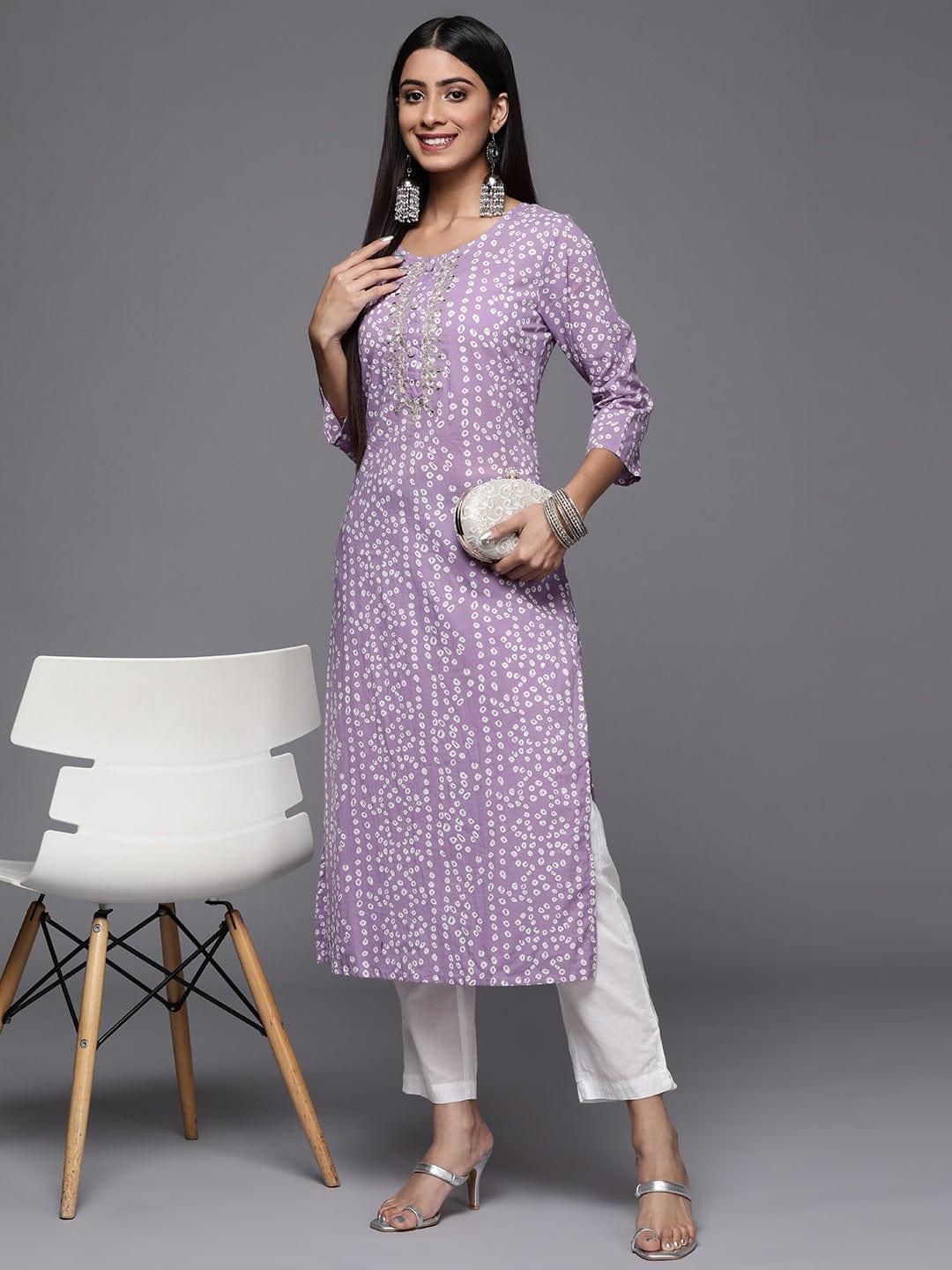 Varanga Women Lavender & White Bandhani Printed Gotta Patti Cotton Straight Kurta - Indiakreations