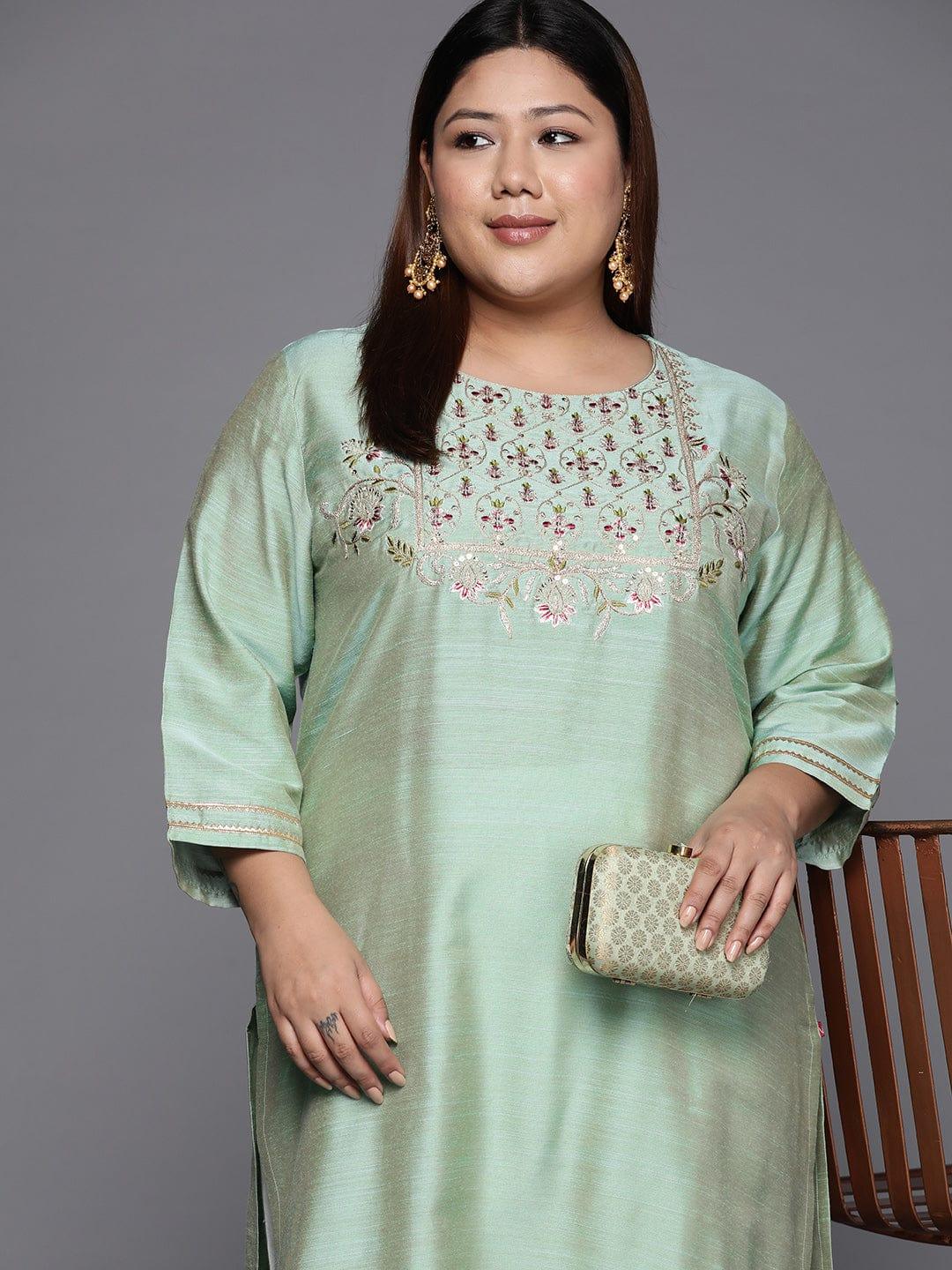 Varanga Women Plus Size Sea Green Floral Embroidered Thread Work Kurta - Indiakreations